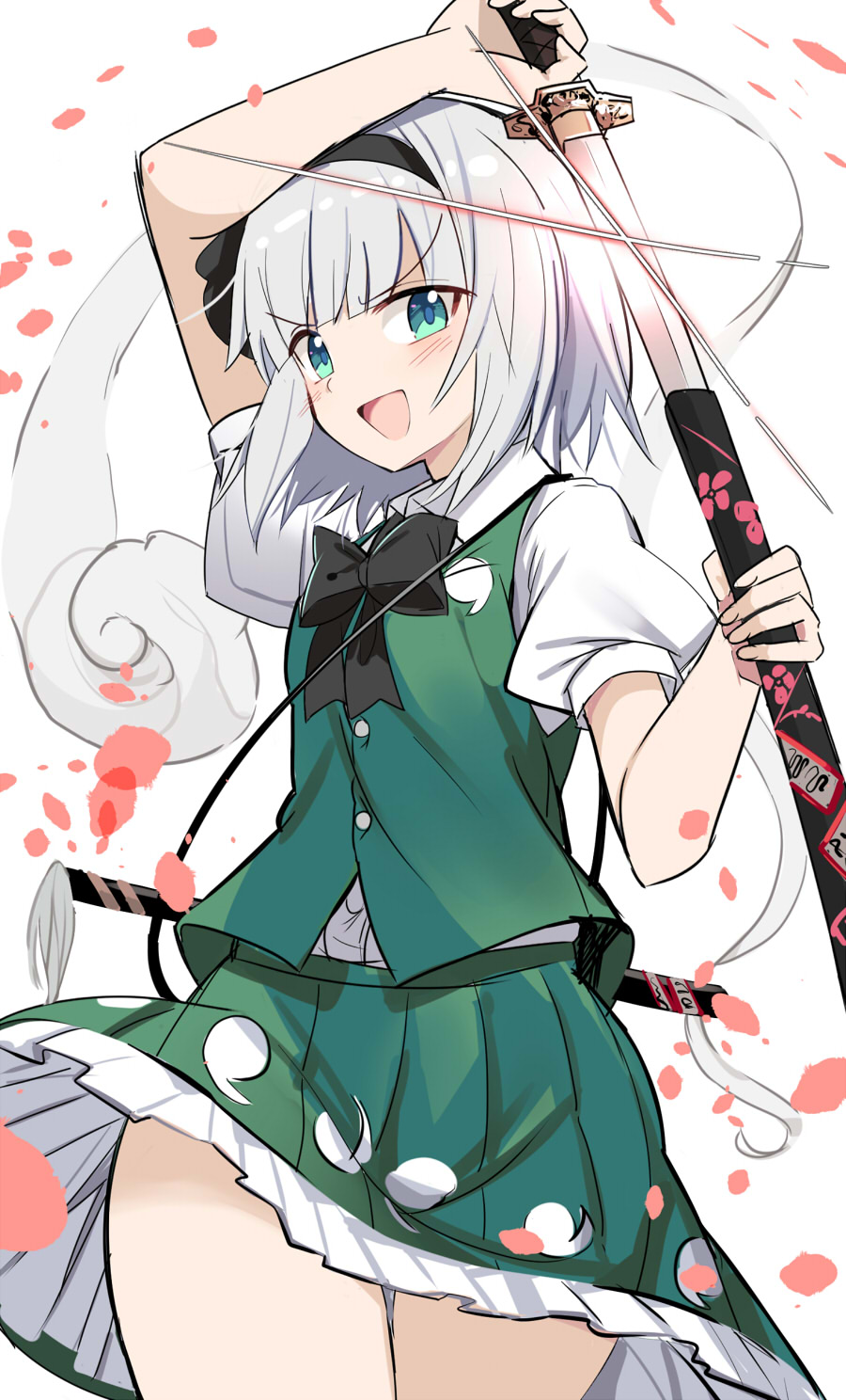 1girl arm_up bangs black_bow black_hairband black_neckwear blush bow bowtie breasts buttons collar collared_shirt e.o. eyebrows_visible_through_hair floral_print flower ghost ghost_print green_eyes green_skirt green_vest hairband hands_up highres katana konpaku_youmu konpaku_youmu_(ghost) medium_breasts miniskirt open_mouth pink_flower puffy_short_sleeves puffy_sleeves shirt short_hair short_sleeves silver_hair simple_background skirt smile solo standing sword tongue touhou vest weapon white_background white_shirt white_sleeves