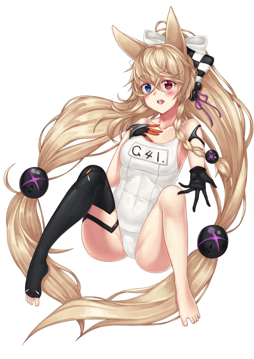 1girl :o absurdly_long_hair animal_ears baeg_mi bangs bare_shoulders barefoot black_gloves blonde_hair blue_eyes bow braid brown_hair collarbone crossed_bangs eyebrows_visible_through_hair feet fingerless_gloves fox_ears fox_girl g41_(girls'_frontline) girls_frontline gloves h&amp;k_g41 hair_between_eyes hair_bobbles hair_ornament hand_on_own_chest heterochromia highres long_hair open_mouth outstretched_arm red_eyes school_swimsuit simple_background single_fingerless_glove single_thighhigh solo spread_legs swimsuit teeth thigh-highs thigh_strap thighs toes twintails upper_teeth very_long_hair white_background white_bow white_swimsuit