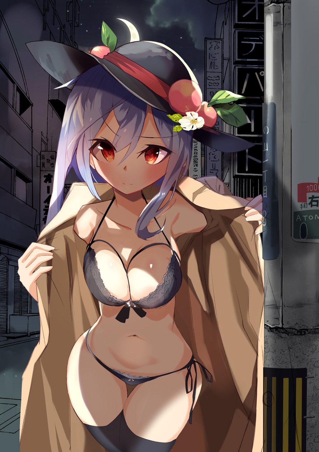 1girl bangs black_bra black_headwear black_legwear black_panties blue_hair blush bra breasts brown_coat building clothes_removed coat commentary_request crescent_moon fruit_hat_ornament hat hat_ribbon highres hinanawi_tenshi large_breasts long_hair long_sleeves looking_at_viewer moon navel night night_sky panties peach_hat_ornament red_eyes red_ribbon ribbon sidelocks sky solo standing star_(sky) starry_sky stomach tetsurou_(fe+) thigh-highs thighs touhou trench_coat underwear upper_body