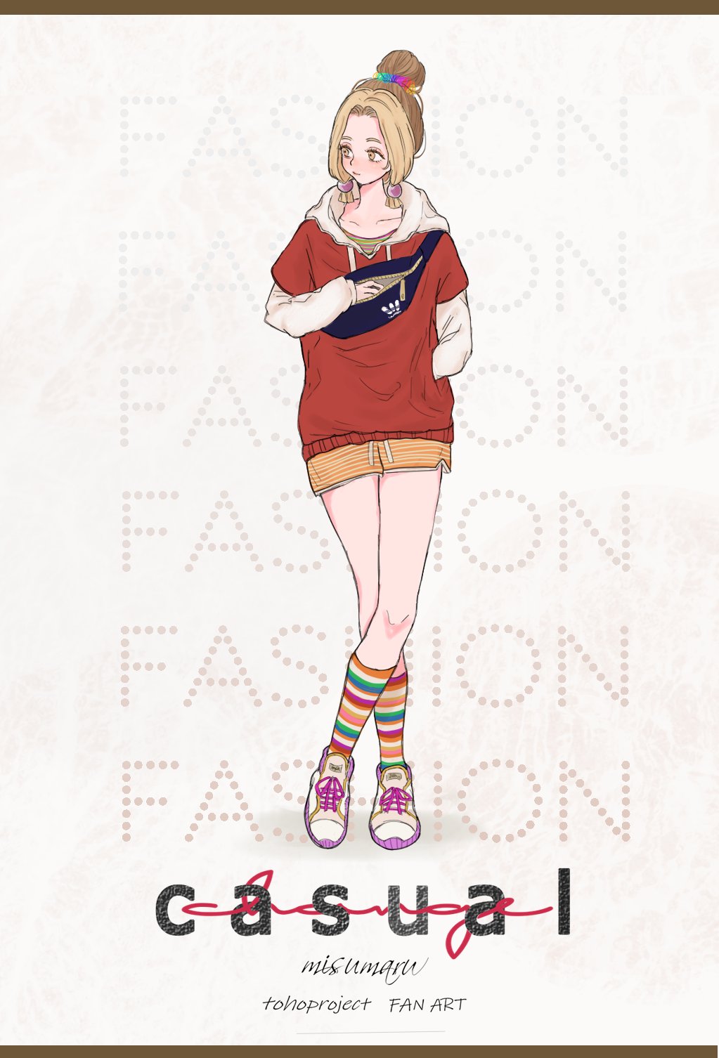 1girl :| alternate_costume bag bangs blonde_hair casual character_name closed_mouth collarbone english_text hair_ornament hair_scrunchie hand_in_pocket highres hood hoodie knees layered_shirt long_sleeves looking_to_the_side multicolored multicolored_clothes multicolored_legwear multicolored_scrunchie oi_yoi_0 red_hoodie scrunchie shirt shoes short_shorts shorts sneakers socks solo standing tamatsukuri_misumaru thighs tied_hair touhou white_background white_footwear white_shirt yellow_eyes yellow_shorts