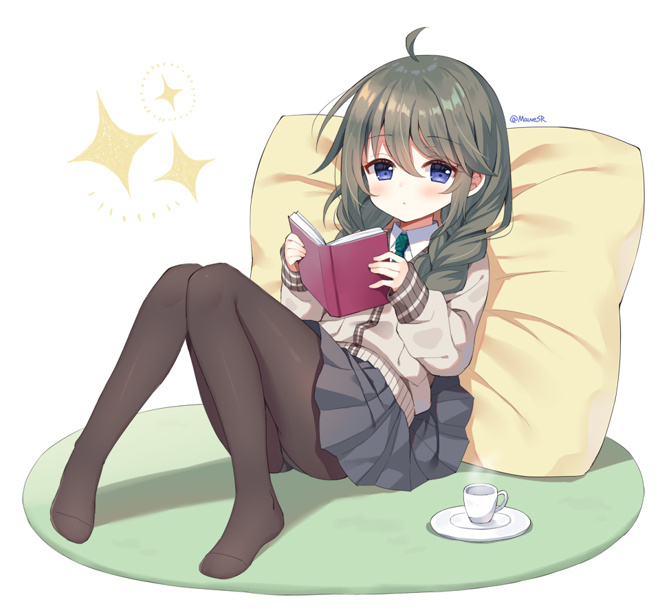 1girl ahoge bangs black_skirt blue_eyes book braid brown_cardigan brown_legwear cardigan closed_mouth collared_shirt commentary_request cup eyebrows_visible_through_hair full_body green_neckwear grey_hair hair_between_eyes hair_over_shoulder holding holding_book knees_together_feet_apart knees_up long_hair long_sleeves looking_at_viewer low_twintails mauve no_shoes open_book panties pantyhose pillow pleated_skirt princess_connect! puffy_long_sleeves puffy_sleeves saucer shirt simple_background skirt sleeves_past_wrists solo sparkle steam twin_braids twintails twitter_username underwear white_background white_panties white_shirt yuni_(princess_connect!)