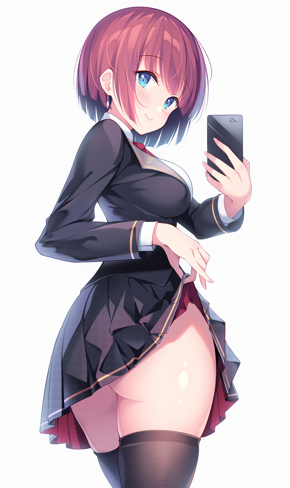 1girl ass bangs black_jacket black_legwear black_skirt blazer blue_eyes blush breasts cellphone closed_mouth clothes_lift collared_shirt cowboy_shot dress_shirt earrings eyebrows_visible_through_hair eyelashes fang fingernails from_behind highres holding holding_phone jacket jewelry kagami_(galgamesion) legs_together lifted_by_self long_fingernails long_sleeves looking_at_viewer looking_back medium_breasts miniskirt nail_polish necktie no_panties original phone pink_nails pleated_skirt red_neckwear redhead school_uniform selfie shirt short_hair simple_background skin_fang skirt skirt_lift smartphone smile solo standing swept_bangs symbol-only_commentary taking_picture thigh-highs thighs white_background white_shirt wing_collar