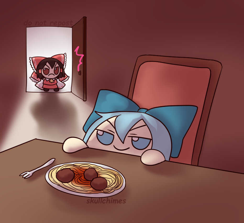 &gt;:) 2girls ^^^ angry artist_name ascot blue_bow blue_eyes blue_hair bow brown_hair chair chibi cirno detached_sleeves door food fork frilled_bow frills frown fumo_(doll) hair_bow hair_tubes hakurei_reimu indoors long_sleeves meatball multiple_girls nontraditional_miko pasta plate red_bow ribbon-trimmed_sleeves ribbon_trim short_hair skullchimes smile spaghetti table touhou v-shaped_eyebrows watermark yellow_neckwear