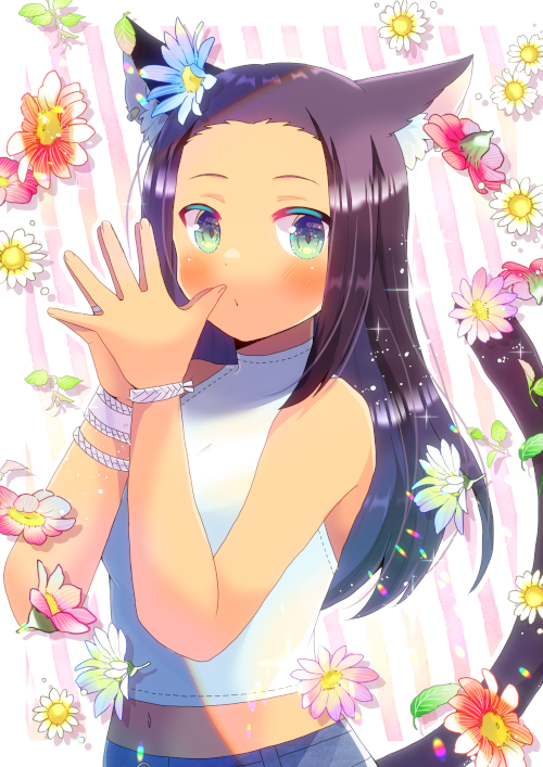 1girl animal_ear_fluff animal_ears bare_arms bare_shoulders black_hair blue_pants blush cat_ears cat_girl cat_tail closed_mouth commission crop_top diagonal_stripes flower forehead green_eyes hair_flower hair_ornament hands_up kou_hiyoyo long_hair midriff navel original pants pink_flower red_flower shirt skeb_commission sleeveless sleeveless_shirt solo steepled_fingers striped striped_background tail white_flower white_shirt