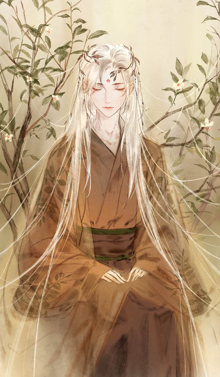 1boy belt brown_dress chinese_clothes closed_eyes dress facial_mark flower forehead_mark grey_hair hanfu highres kkcoocool long_hair long_sleeves male_focus original red_lips sitting solo very_long_hair white_flower white_hair