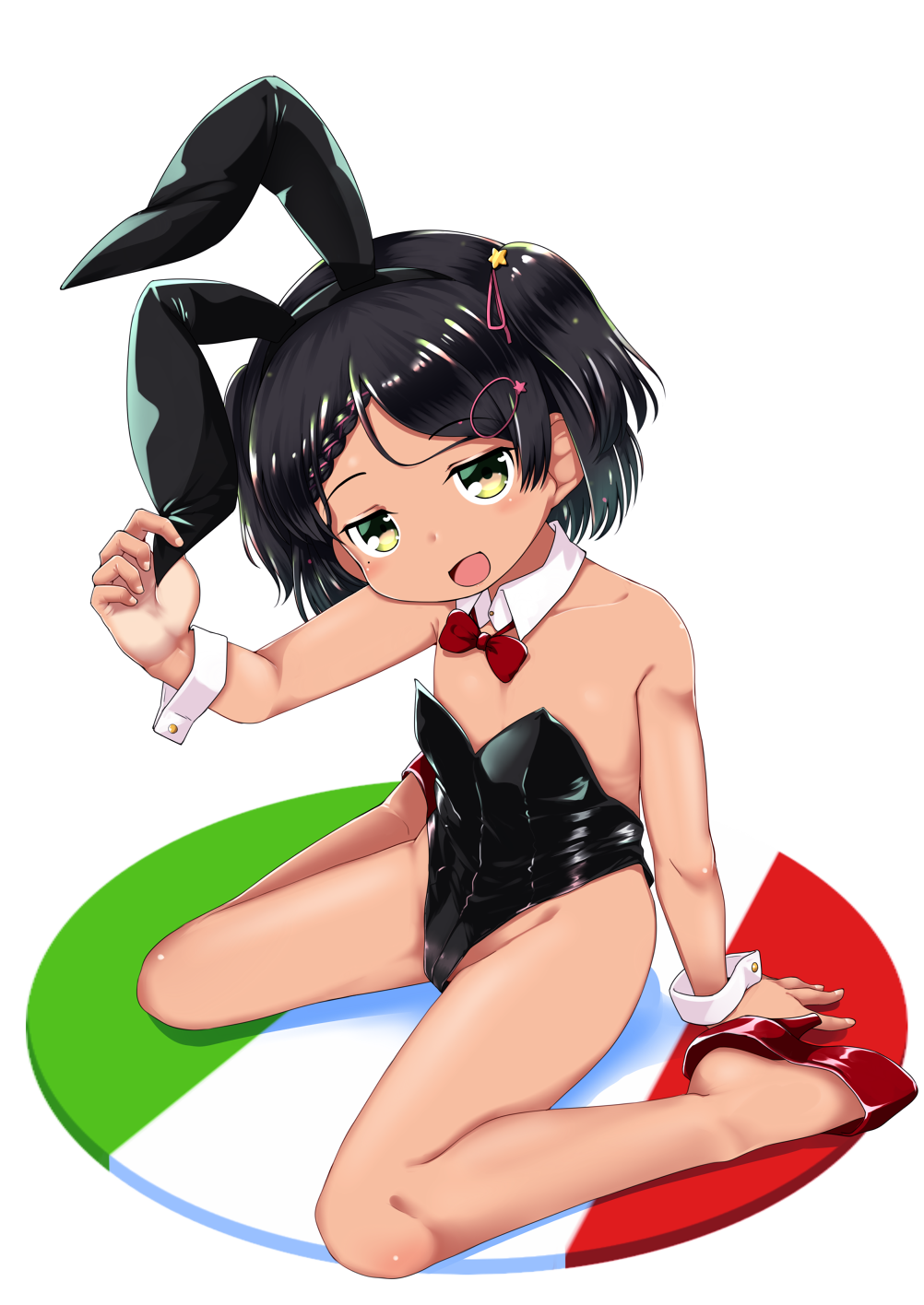 1girl animal_ears black_hair black_leotard bow bowtie detached_collar dress fake_animal_ears green_eyes high_heels highres kantai_collection leotard nassukun playboy_bunny rabbit_ears red_footwear red_neckwear sailor_dress scirocco_(kancolle) short_hair solo strapless strapless_leotard two_side_up