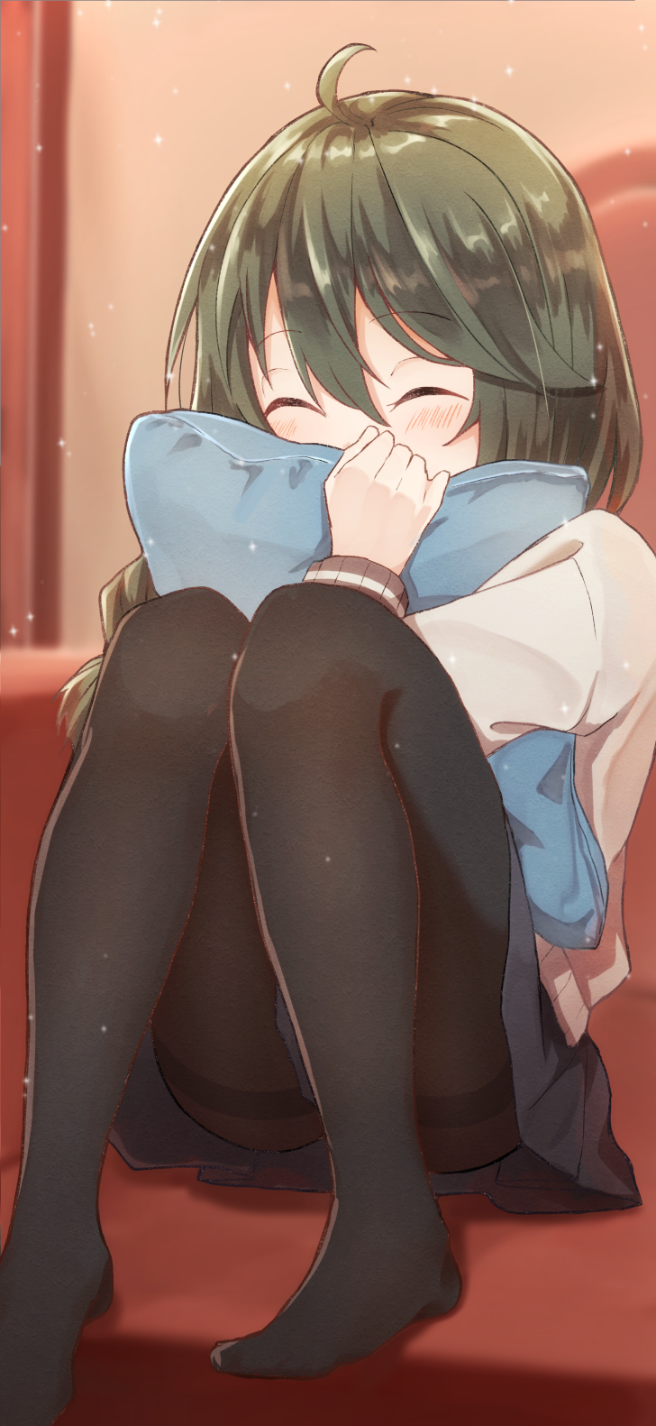 1girl ahoge bangs black_legwear black_skirt blurry blurry_background blush braid cardigan closed_eyes couch covered_mouth depth_of_field eyebrows_visible_through_hair facing_viewer feet_out_of_frame green_hair grey_cardigan hair_between_eyes highres indoors knees_up long_hair long_sleeves nenosame no_shoes object_hug on_couch pantyhose pillow pillow_hug pleated_skirt princess_connect! sitting skirt solo thighband_pantyhose yuni_(princess_connect!) yuni_(real)_(princess_connect!)