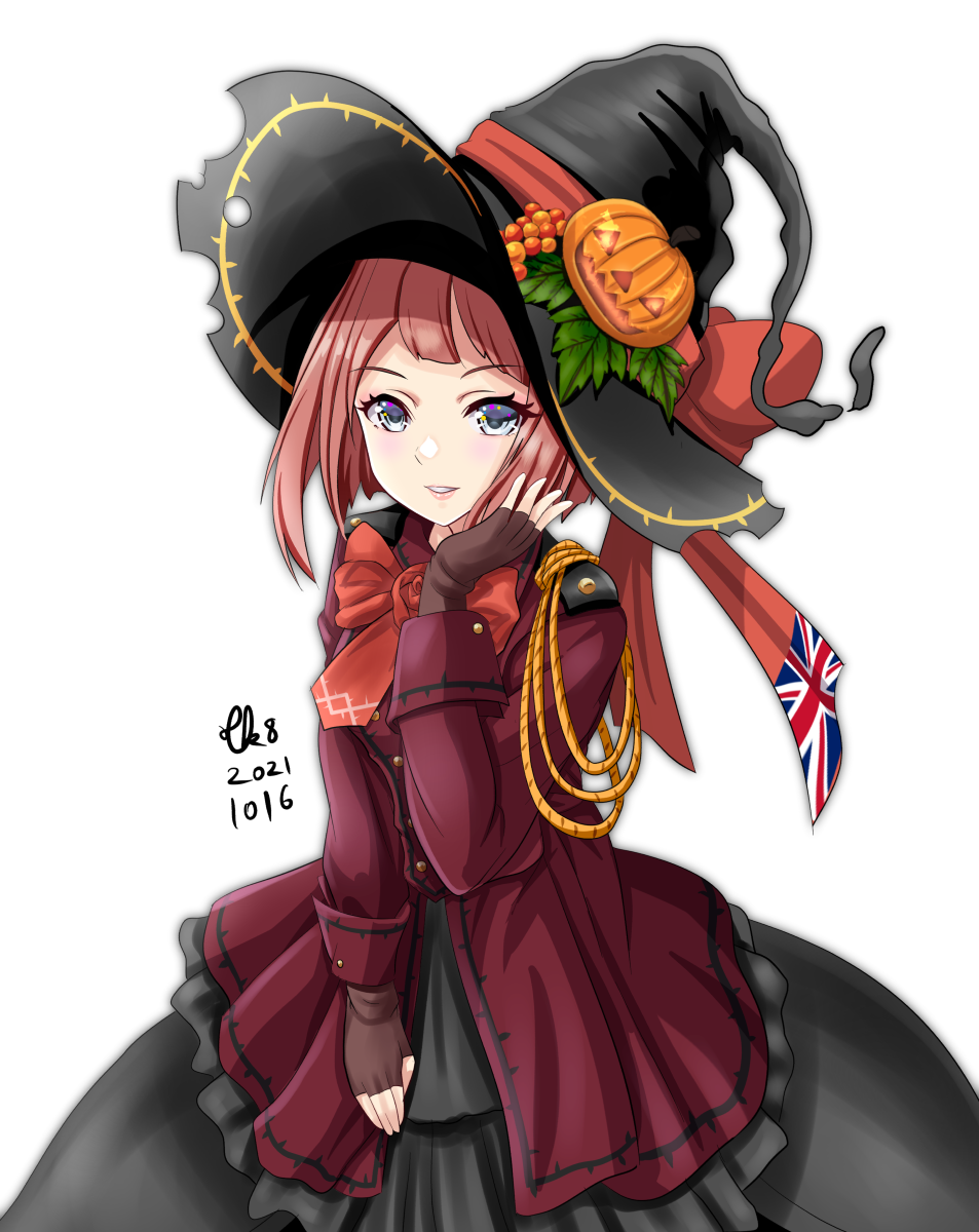 1girl ark_royal_(kancolle) artist_name black_dress black_headwear blue_eyes blush brown_gloves dated dress eyebrows_visible_through_hair fingerless_gloves flower gloves halloween halloween_costume hat highres jacket kantai_collection lips long_sleeves neck_ribbon open_mouth red_flower red_jacket red_ribbon red_rose redhead ribbon rose short_hair signature simple_background smile solo tk8d32 white_background witch_hat