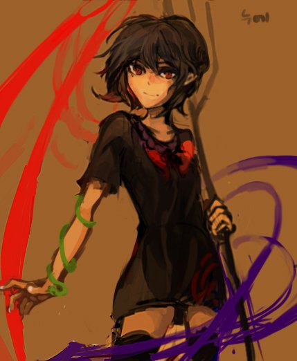 1girl asymmetrical_wings black_dress black_hair black_legwear brown_background closed_mouth collarbone cowboy_shot dress erty113 hair_between_eyes holding holding_weapon houjuu_nue looking_at_viewer polearm red_eyes short_dress short_hair solo thigh-highs touhou trident weapon wings zettai_ryouiki