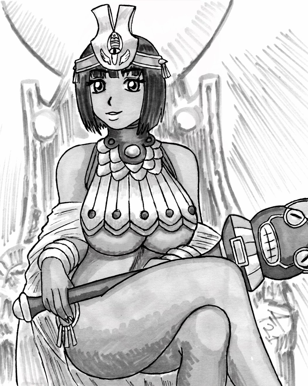 1girl aaronhibiki bangs blunt_bangs breasts crossed_legs curvy egyptian_clothes highres huge_breasts large_breasts looking_at_viewer menace menace_(queen's_blade_unlimited) monochrome navel queen's_blade revealing_clothes setra shawl sitting solo thick_thighs thighs under_boob