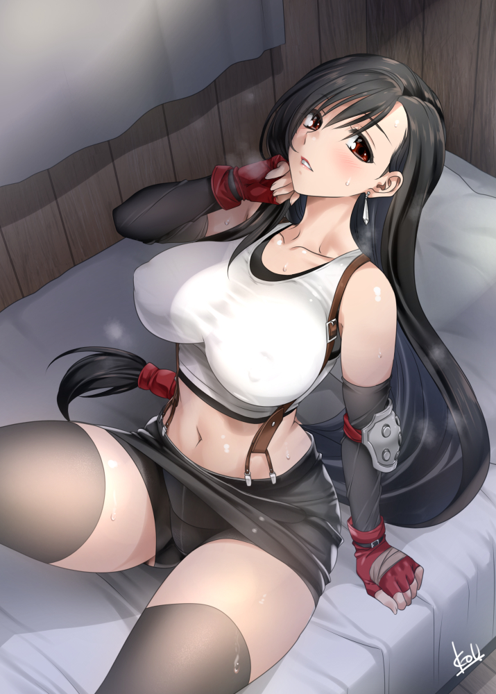 1girl arm_support bangs bare_shoulders bed black_hair black_legwear black_skirt blush breasts collarbone covered_nipples crop_top earrings female final_fantasy final_fantasy_vii final_fantasy_vii_remake fingerless_gloves gloves indoors jewelry large_breasts long_hair looking_at_viewer low-tied_long_hair midriff miniskirt mitarashi_kousei navel on_bed panties parted_lips red_eyes red_gloves shirt sitting sitting_on_bed skirt sleeveless solo suspender_skirt suspenders sweat tank_top taut_clothes taut_shirt thigh-highs thighs tifa_lockhart underwear white_tank_top