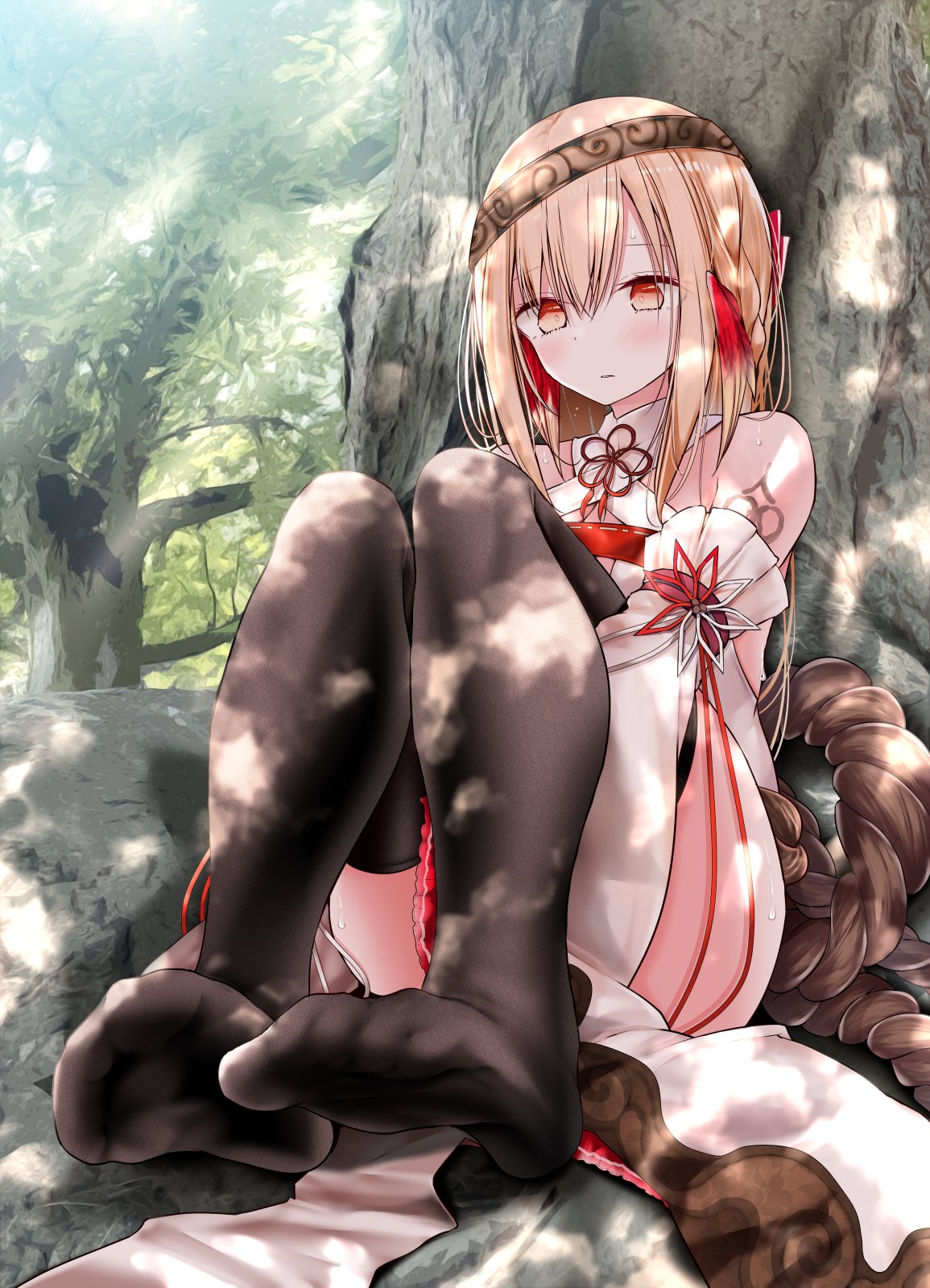 1girl bangs black_legwear blonde_hair blush character_request commentary_request dappled_sunlight detached_sleeves dress eyebrows_visible_through_hair feet fine_fabric_emphasis foreshortening frilled_dress frills full_body hair_between_eyes halterneck headband highres hugging_own_legs japanese_clothes knees_up leaning_back legs legs_together long_hair looking_at_viewer no_shoes oouso orange_eyes shadow shiny shiny_hair sidelocks sitting solo sunlight sweatdrop tattoo thigh-highs toes tree utawarerumono utawarerumono:_lost_flag white_dress wide_sleeves