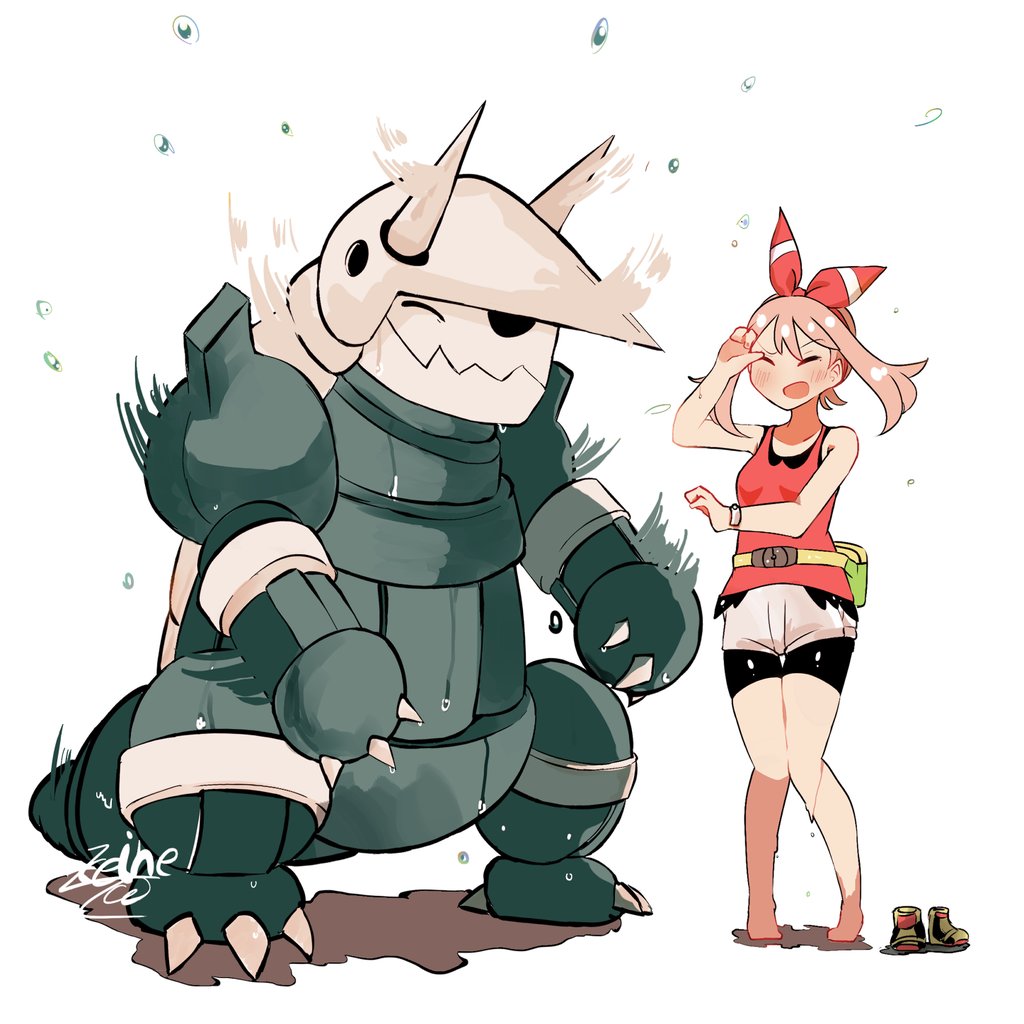 1girl aggron alternate_color bangs barefoot bike_shorts bike_shorts_under_shorts blush bow_hairband bracelet brown_hair claws closed_eyes commentary_request fanny_pack hairband hand_up jewelry keinesandayoooo knees_together_feet_apart may_(pokemon) open_mouth pigeon-toed pokemon pokemon_(game) pokemon_oras red_hairband red_shirt shiny_pokemon shirt shoes shoes_removed shorts signature sleeveless sleeveless_shirt standing water_drop white_background white_shorts yellow_bag yellow_footwear
