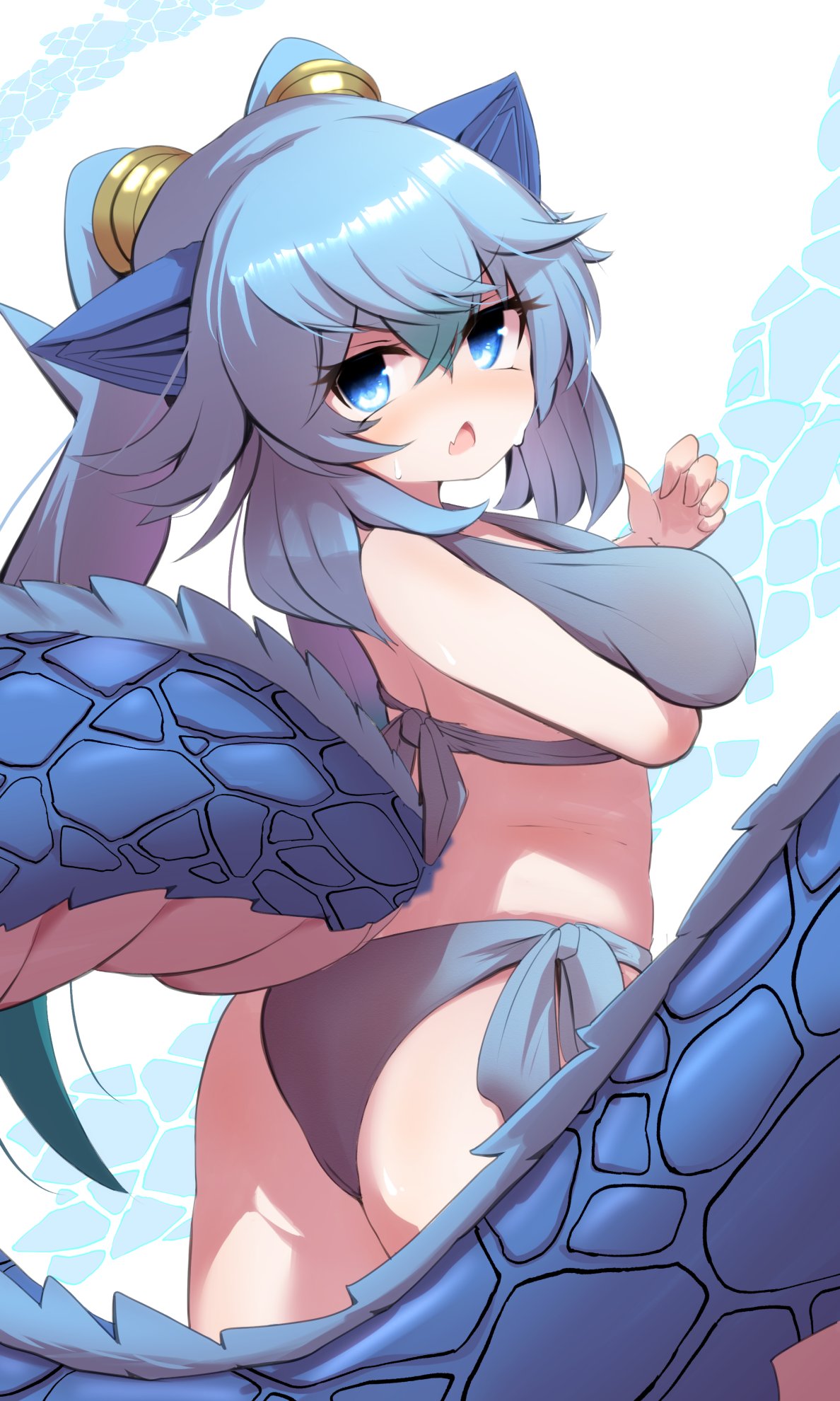 1girl arm_under_breasts ass bikini blue_eyes blue_hair blush breast_hold breasts dragon_tail eyebrows_visible_through_hair fang grey_bikini highres karekusa_meronu kemono_friends large_breasts long_hair looking_at_viewer open_mouth seiryuu_(kemono_friends) skin_fang solo sweat swimsuit tail triangle_mouth twintails