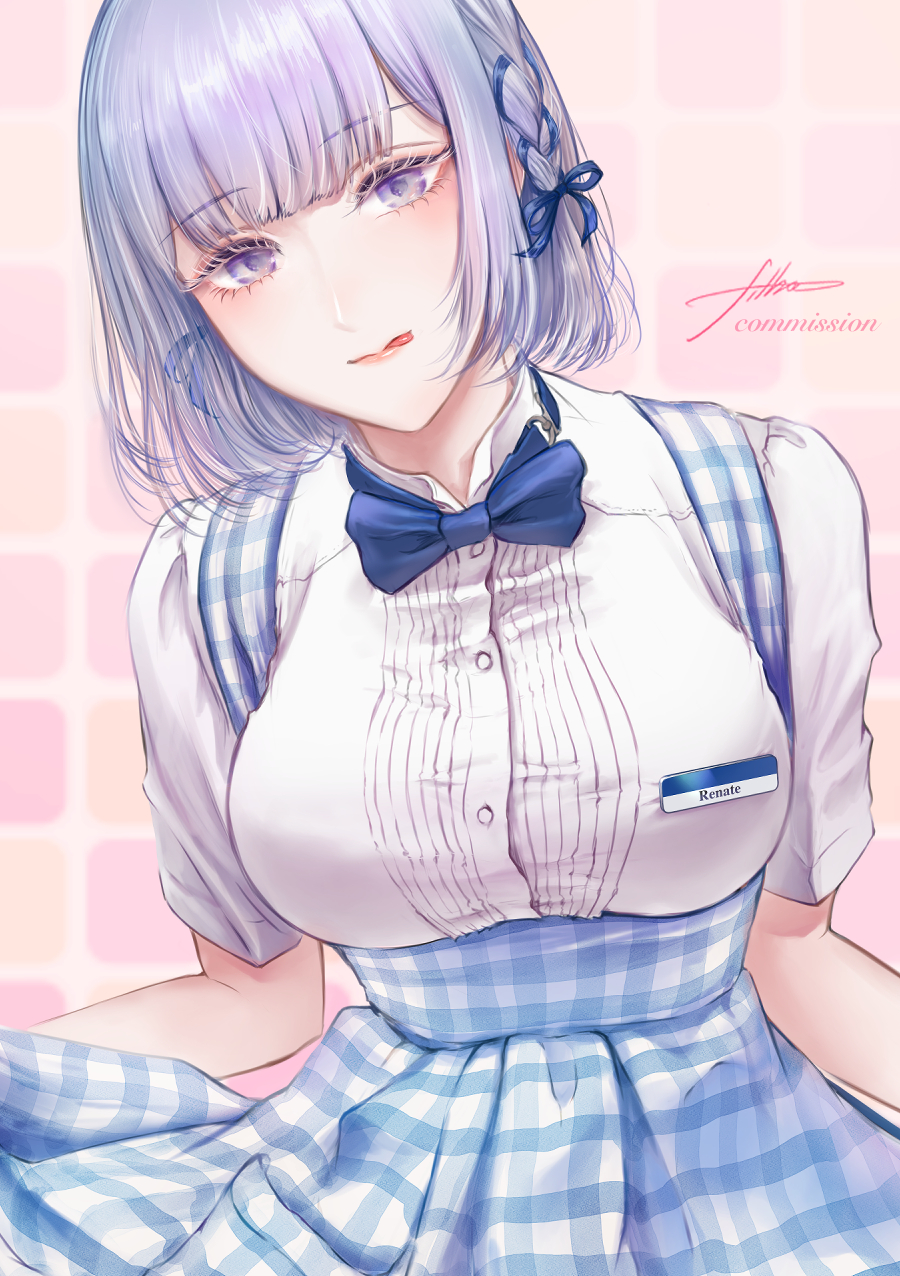 1girl alternate_costume apron blue_apron blue_neckwear bow bowtie braid breasts checkered_apron employee_uniform filha gingham gingham_apron girls_frontline high-waist_skirt highres kobeya kobeya_uniform large_breasts plaid plaid_apron rpk-16_(girls'_frontline) shirt short_hair short_sleeves side_braid silver_hair skirt solo uniform upper_body violet_eyes waitress white_shirt