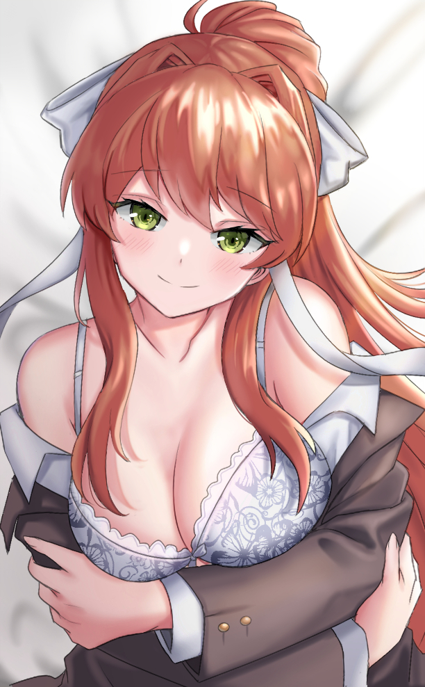 1girl bra breasts brown_hair doki_doki_literature_club green_eyes hair_ribbon large_breasts long_hair long_sleeves monika_(doki_doki_literature_club) ponytail ribbon sand_(redsunny924) school_uniform smile solo underwear upper_body white_bra white_ribbon