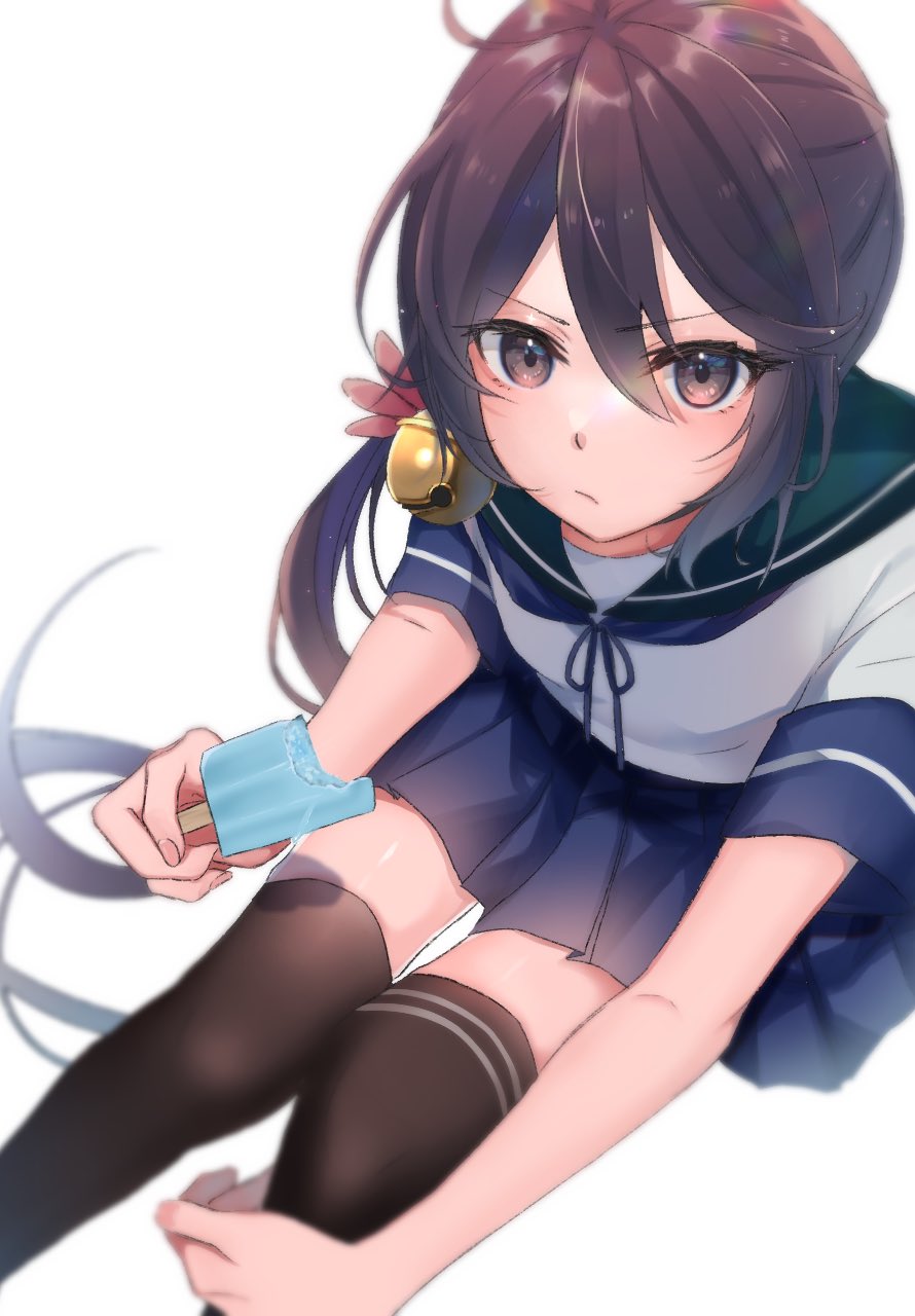1girl akebono_(kancolle) bell black_legwear blue_sailor_collar blue_skirt closed_mouth commentary_request eyebrows_visible_through_hair flower food from_above hair_bell hair_between_eyes hair_flower hair_ornament highres holding kantai_collection kneehighs long_hair pleated_skirt popsicle purple_hair rinto_(rint_rnt) sailor_collar school_uniform serafuku short_sleeves side_ponytail simple_background sitting skirt solo uniform very_long_hair violet_eyes white_background