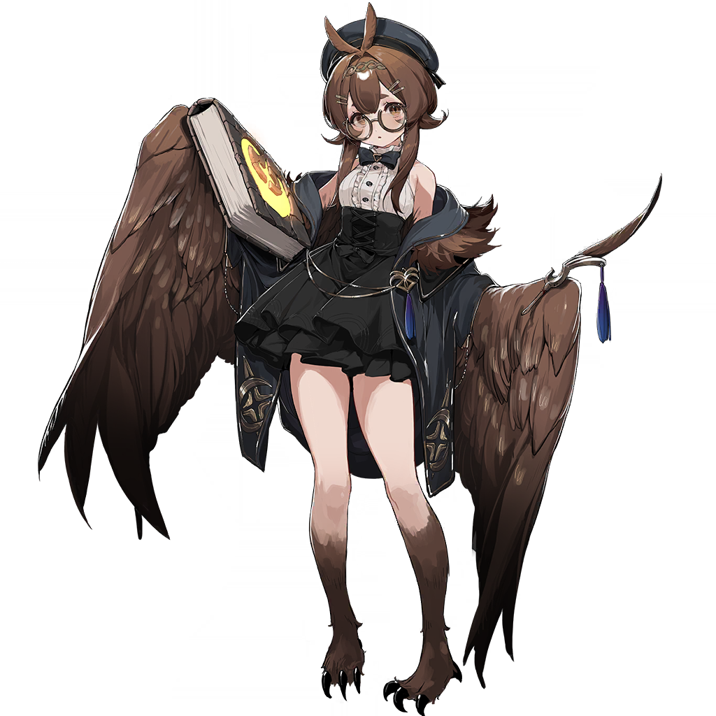 1girl :o animal_ears bangs bare_shoulders beret black_bow black_headwear black_jacket black_skirt book bow breasts brown_eyes brown_hair brown_wings claws clover_theater feathered_wings full_body glasses hair_ornament hairband hairpin harpy hat holding holding_book jacket long_hair looking_at_viewer medium_breasts monster_girl norris_(clover_theater) official_art shirt shisantian skirt sleeveless sleeveless_shirt solo transparent_background white_shirt winged_arms wings