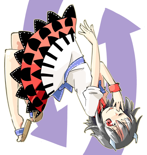 1girl :p arnest arrow_(symbol) bangs black_hair dress eyebrows_visible_through_hair full_body hand_up horns kijin_seija looking_at_viewer medium_hair one_eye_closed red_eyes redhead short_sleeves simple_background solo tongue tongue_out touhou upside-down white_background white_dress wristband zouri