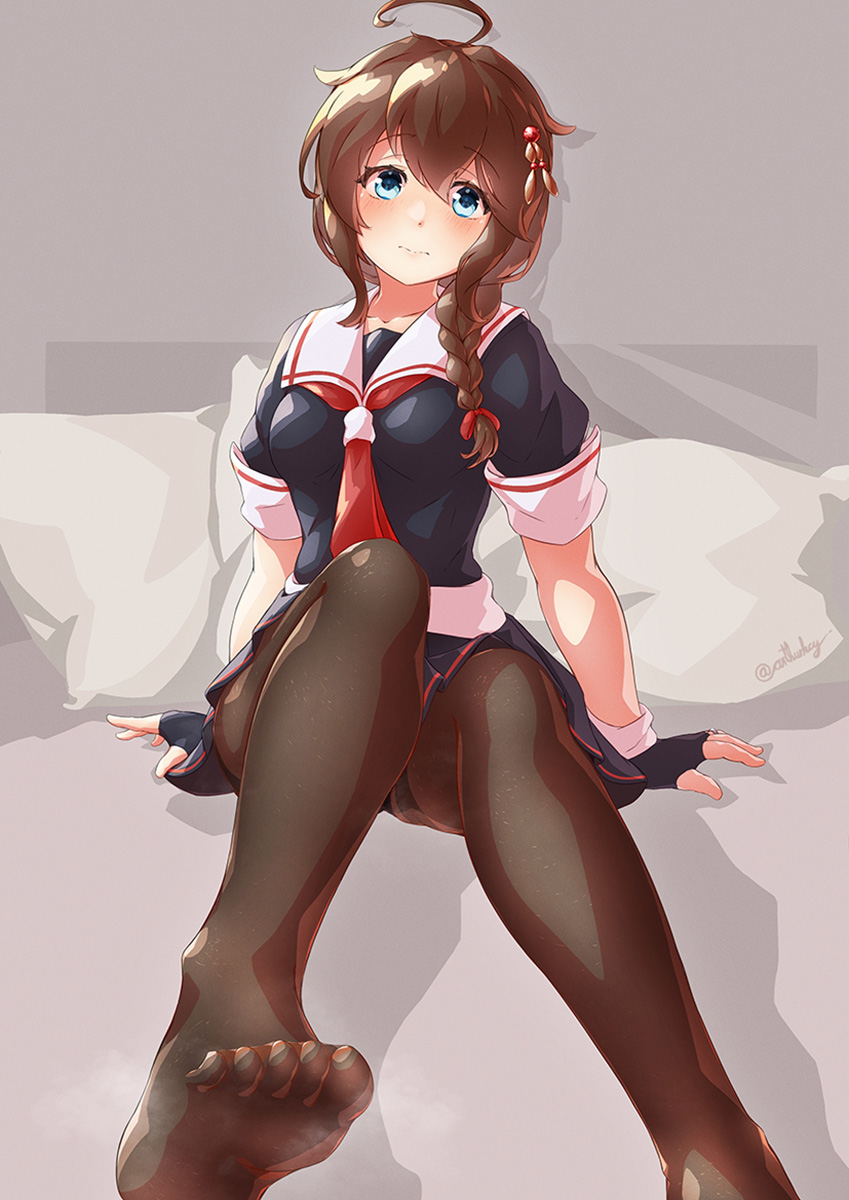 1girl ahoge arthur_ko black_gloves black_legwear black_serafuku black_skirt blue_eyes blush braid brown_hair closed_mouth commentary_request eyebrows_visible_through_hair fingerless_gloves full_body gloves hair_between_eyes hair_flaps hair_ornament hair_ribbon highres kantai_collection medium_hair necktie on_bed pantyhose pillow pleated_skirt red_neckwear red_ribbon ribbon sailor_collar school_uniform serafuku shigure_(kancolle) sitting skirt solo twitter_username uniform white_sailor_collar