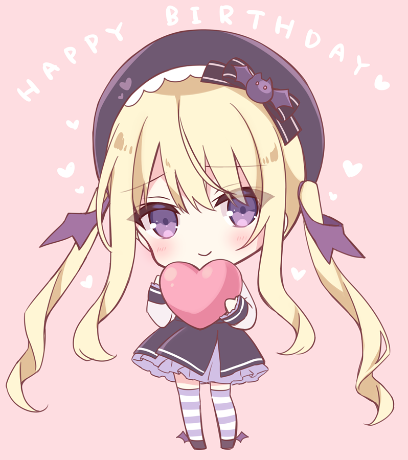 1girl bangs belt black_bow black_footwear black_headwear black_skirt blonde_hair blush bow chibi closed_mouth commentary_request english_text eyebrows_visible_through_hair frilled_skirt frills full_body hair_between_eyes happy_birthday heart holding holding_heart hoshi_(snacherubi) long_hair long_sleeves looking_at_viewer original over-kneehighs pink_background shirt simple_background skirt sleeves_past_wrists smile solo standing striped striped_legwear thigh-highs twintails very_long_hair violet_eyes white_shirt wing_hair_ornament