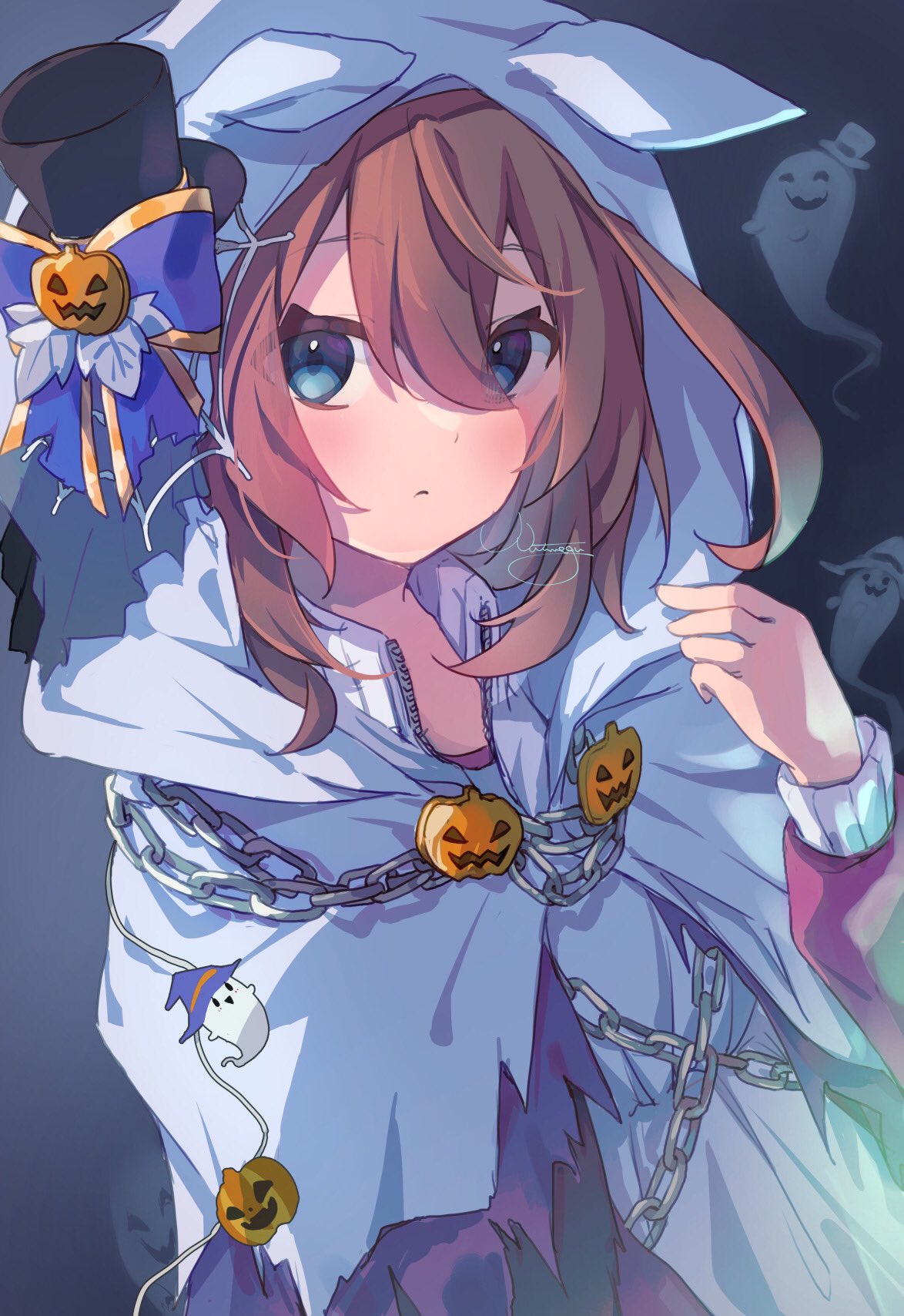 1girl bangs bow chain closed_mouth food-themed_hair_ornament ghost hair_between_eyes hair_ornament halloween_costume hand_up hat highres hood hoodie long_sleeves looking_at_viewer medium_hair mihono_bourbon_(umamusume) nut_megu pumpkin_hair_ornament sidelocks solo umamusume upper_body