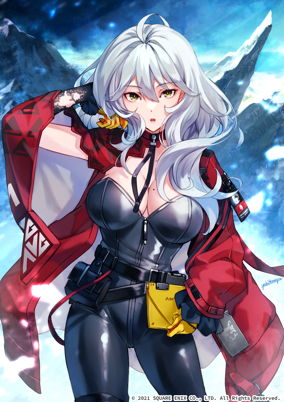 1girl belt breasts deep_insanity eyebrows_visible_through_hair gloves hair_between_eyes highres jacket large_breasts long_hair mole mole_on_breast mountainous_horizon open_clothes open_jacket outdoors solo tight white_hair yaki_mayu yellow_eyes zipper_pull_tab