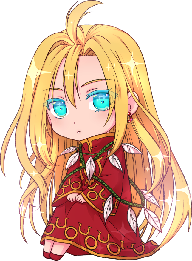 1boy ahat_(ragnarok_online) bangs blonde_hair blue_eyes chibi closed_mouth colored_eyelashes commentary_request earrings feathers full_body jewelry long_hair long_sleeves looking_at_viewer male_focus manoji ragnarok_online red_robe simple_background solo transparent_background wide_sleeves