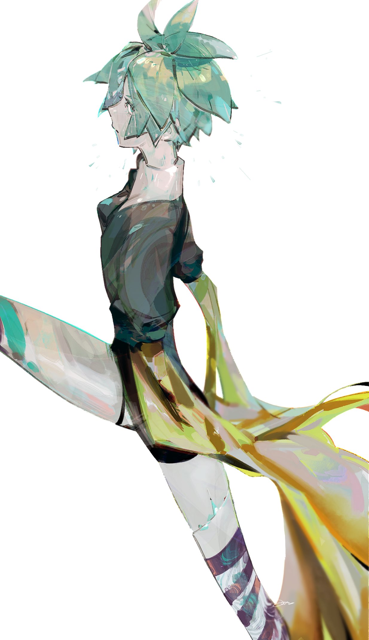 1other androgynous artist_request collared_shirt crystal_hair gem_uniform_(houseki_no_kuni) golden_arms green_eyes highres houseki_no_kuni looking_at_viewer looking_to_the_side other_focus phosphophyllite puffy_short_sleeves puffy_sleeves running shirt short_hair short_sleeves spoilers