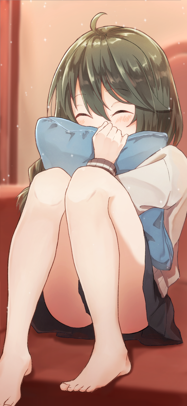 1girl ahoge bangs bare_legs barefoot black_skirt blurry blurry_background blush braid cardigan closed_eyes commentary_request couch covered_mouth depth_of_field eyebrows_visible_through_hair facing_viewer feet_out_of_frame green_hair grey_cardigan hair_between_eyes highres indoors knees_up long_hair long_sleeves nenosame object_hug on_couch pillow pillow_hug pleated_skirt princess_connect! sitting skirt solo yuni_(princess_connect!) yuni_(real)_(princess_connect!)