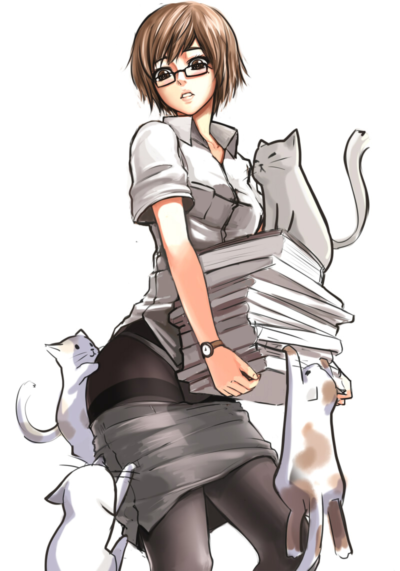 1girl black_legwear book book_stack brown_hair cat clothes_pull glasses lat_(chika1989) mole mole_under_eye office_lady original pantyhose parted_lips short_hair simple_background skirt skirt_pull solo watch watch white_background