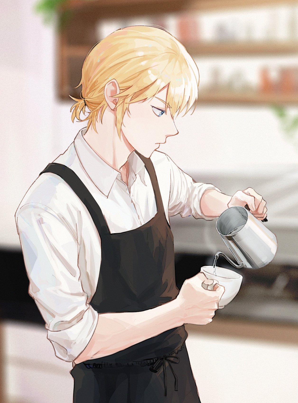 1boy 2vxzlkj23ogfsf ace_of_diamond apron bangs black_apron blonde_hair blue_eyes blurry blurry_background closed_mouth cup highres holding holding_cup holding_teapot male_focus okumura_koushuu shirt short_hair sleeves_rolled_up solo teapot tied_hair white_shirt