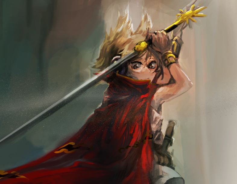 1girl arms_up blonde_hair cape closed_mouth erty113 flower from_behind gold gold_bracelet holding holding_sword holding_weapon jewelry light_rays looking_back outdoors pointy_hair red_cape short_hair solo sunbeam sunlight sword touhou toyosatomimi_no_miko water weapon