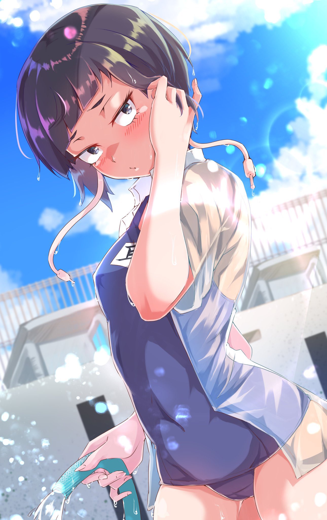1girl adjusting_hair bangs blue_sky blush boku_no_hero_academia brown_hair clouds commentary_request covered_navel cowboy_shot day from_side hair_tucking hand_up highres holding holding_hose hose jirou_kyouka one-piece_swimsuit outdoors pool school school_swimsuit see-through_shirt shinonome_mozuku shiny shiny_hair short_hair sky solo swimsuit water wet