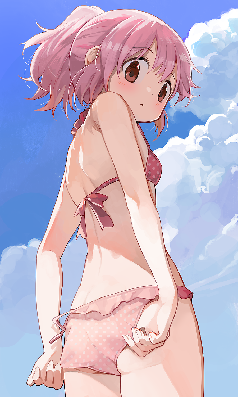 1girl adjusting_clothes adjusting_swimsuit ass bikini blue_sky blush breasts closed_mouth clouds commentary_request day eyebrows_visible_through_hair highres hiroki_(yyqw7151) kaname_madoka looking_at_viewer mahou_shoujo_madoka_magica pink_bikini pink_hair polka_dot polka_dot_bikini ponytail red_eyes short_hair sky small_breasts solo swimsuit