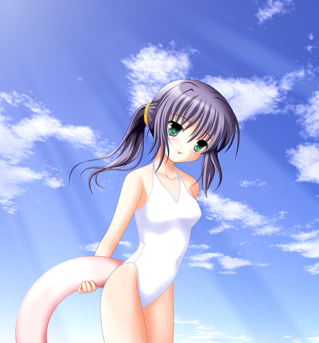 1girl aqua_eyes bad_link bangs breasts character_request clouds collarbone copyright_request day innertube kakesu light_rays long_hair one-piece_swimsuit outdoors parted_lips purple_hair sidelocks sky small_breasts solo swimsuit twintails white_swimsuit