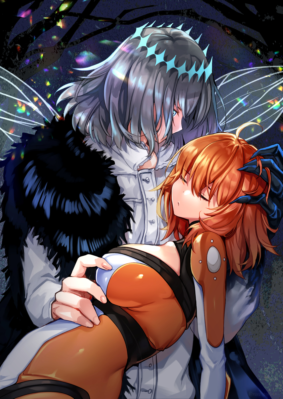 1boy 1girl ahoge arthropod_boy black_hair blue_eyes bodysuit brown_hair chaldea_combat_uniform closed_eyes cowboy_shot fate/grand_order fate_(series) fujimaru_ritsuka_(female) hand_on_another's_stomach hetero highres insect_wings looking_at_another oberon_(fate) orange_bodysuit profile ruri_rarako shiny shiny_clothes shiny_hair short_hair spoilers unconscious wings
