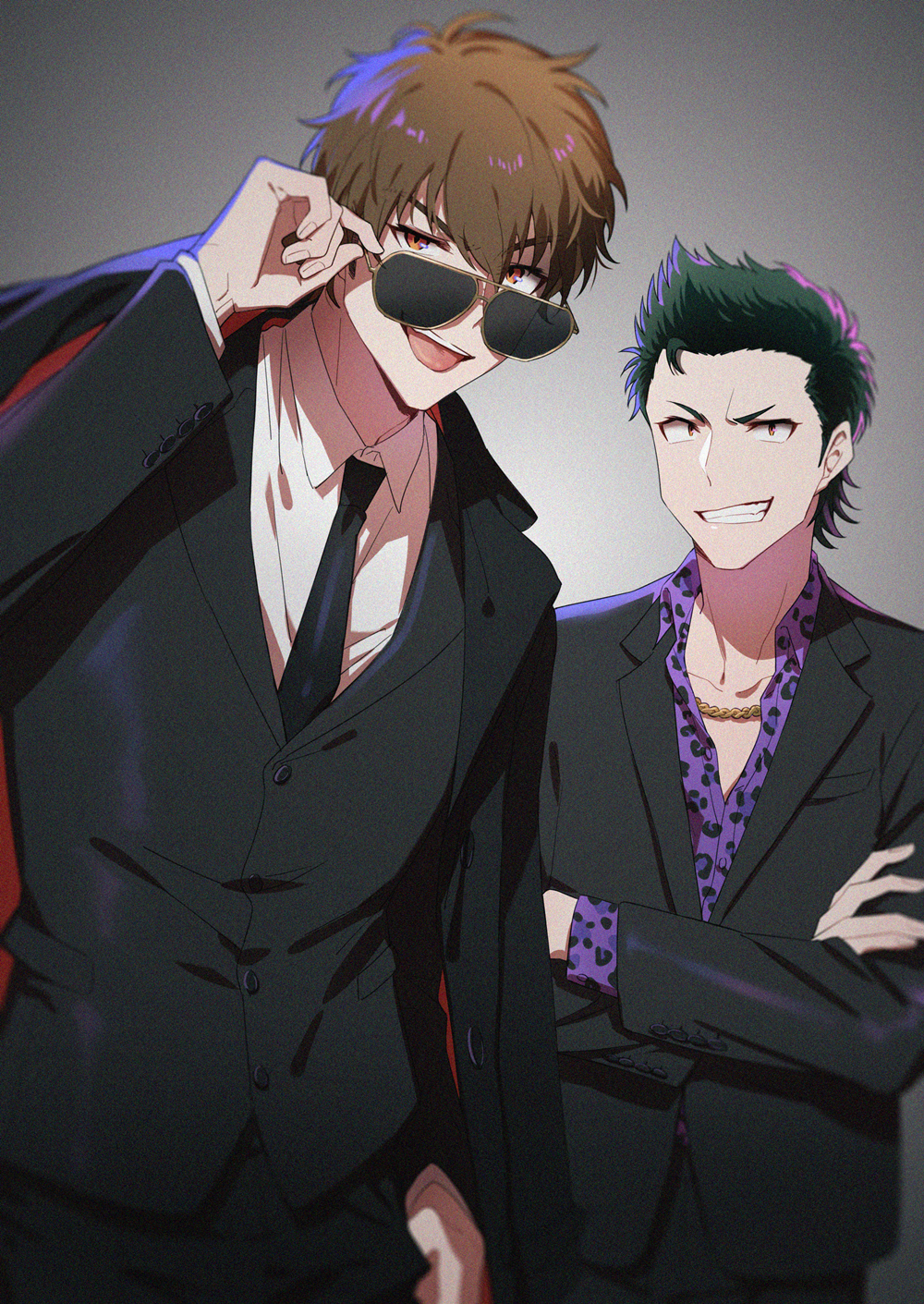 2boys ace_of_diamond adjusting_eyewear bangs black_coat black_jacket black_pants brown_eyes brown_hair buttons chain_necklace coat coat_on_shoulders crossed_arms dark_green_hair formal highres jacket jewelry kuramochi_youichi lack_o looking_at_viewer male_focus miyuki_kazuya multiple_boys necklace necktie pants purple_shirt shirt short_hair sideburns simple_background smile spiky_hair suit sunglasses teeth tongue tongue_out white_shirt