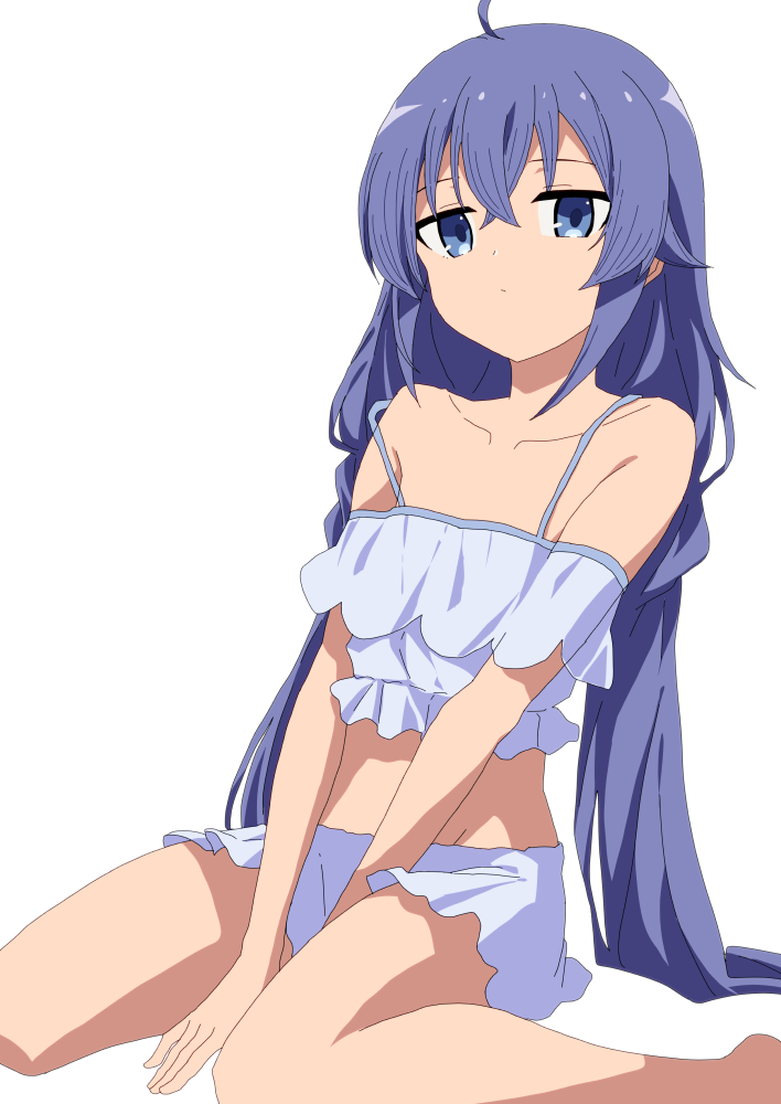 1girl bangs bare_shoulders barefoot between_legs bikini blue_bikini blue_eyes blue_hair closed_mouth collarbone commentary_request eyebrows_behind_hair hair_between_eyes hand_between_legs long_hair low_twintails mushoku_tensei oueo roxy_migurdia simple_background sitting solo swimsuit twintails very_long_hair wariza white_background
