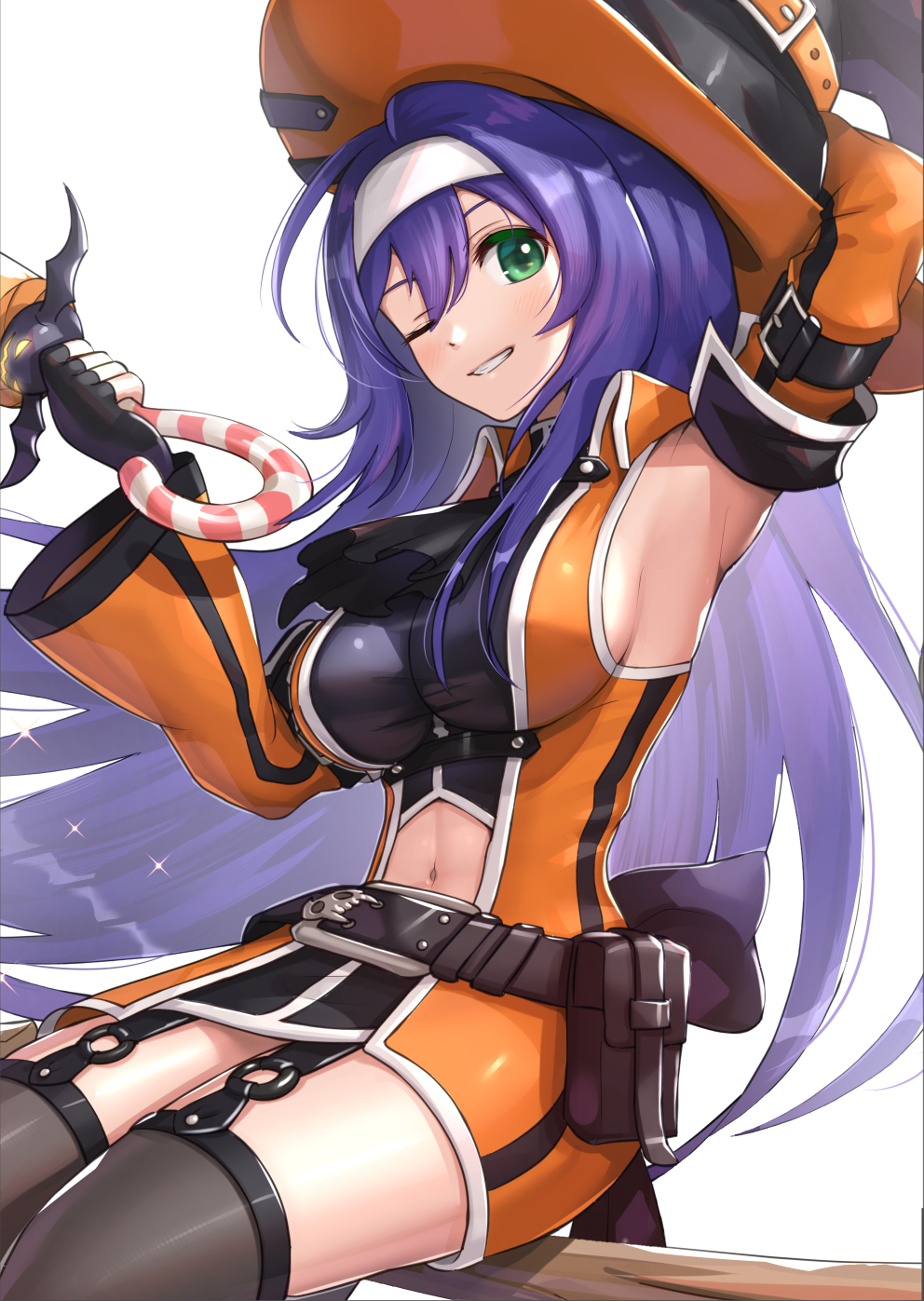 1girl black_gloves breasts clothing_cutout detached_sleeves fingerless_gloves fire_emblem fire_emblem:_path_of_radiance fire_emblem_heroes gloves gonzarez green_eyes hat highres long_hair medium_breasts mia_(fire_emblem) navel navel_cutout one_eye_closed purple_hair simple_background solo very_long_hair white_background witch_hat