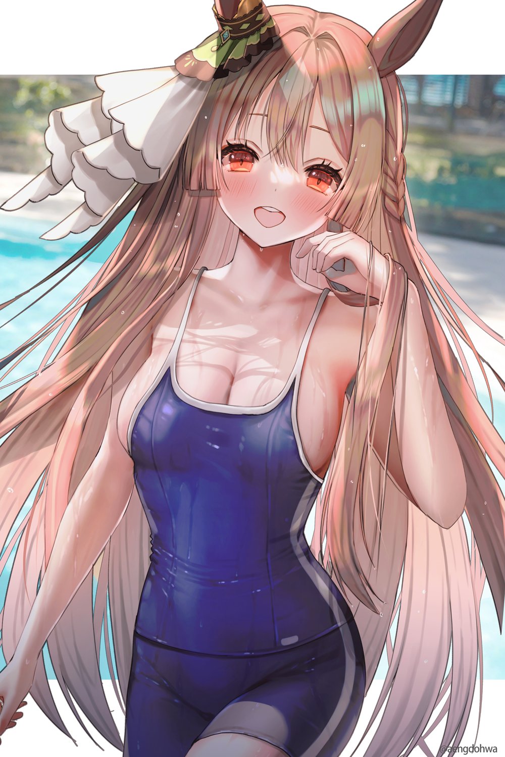 1girl animal_ears arm_up blue_swimsuit blush breasts brown_eyes brown_hair hanato_(seonoaiko) happy highres horse_ears horse_girl long_hair looking_at_viewer one-piece_swimsuit open_mouth satono_diamond_(umamusume) sideboob solo standing swimsuit umamusume
