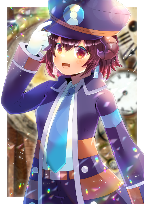 1girl :d arm_up bangs black_pants blue_neckwear blurry blurry_background blush breasts brown_eyes brown_hair clock collared_jacket collared_shirt commission copyright_request depth_of_field eyebrows_visible_through_hair fang hair_between_eyes hand_on_headwear hat horns jacket kou_hiyoyo looking_at_viewer necktie open_clothes open_jacket open_mouth pants peaked_cap purple_headwear purple_jacket roman_numeral shirt skeb_commission small_breasts smile solo virtual_youtuber white_shirt