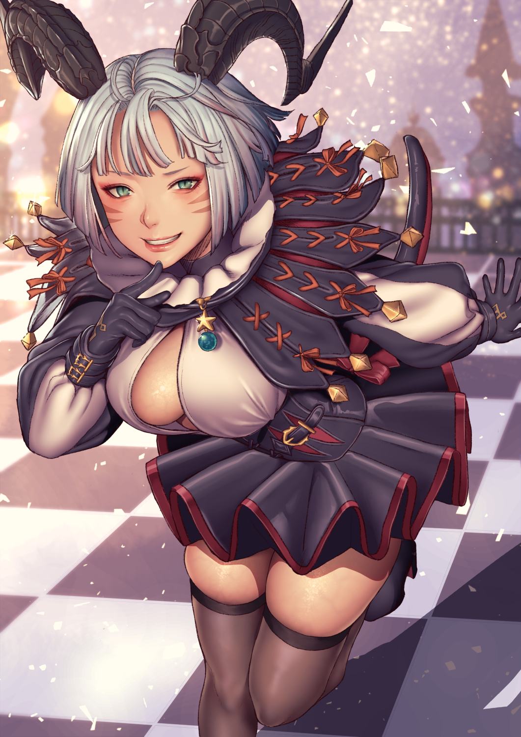 1girl avatar_(ffxiv) blurry blurry_background breasts center_opening checkered checkered_floor downblouse dress facial_mark fictional_persona final_fantasy final_fantasy_xiv gloves green_eyes grin hand_up highres horns kneehighs leaning_forward lips long_sleeves looking_at_viewer medium_hair miqo'te multicolored_hair neck_ruff outdoors outstretched_arm outstretched_hand puffy_long_sleeves puffy_sleeves short_dress skindentation slit_pupils smile solo spread_fingers tail udongo99 veins veiny_breasts veiny_thighs whisker_markings
