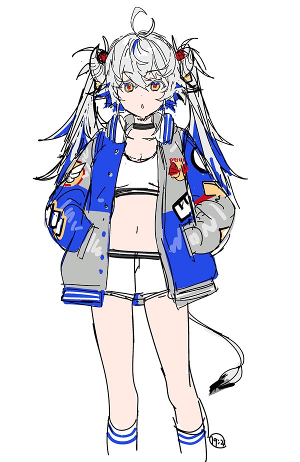 1girl antenna_hair black_choker breasts choker crop_top goat_girl goat_horns goat_tail hands_in_pockets horns jacket long_hair looking_at_viewer midriff nagu navel open_clothes open_jacket red_bull shirt short_shorts shorts simple_background sketch socks solo twintails white_background white_hair white_shirt white_shorts yellow_eyes