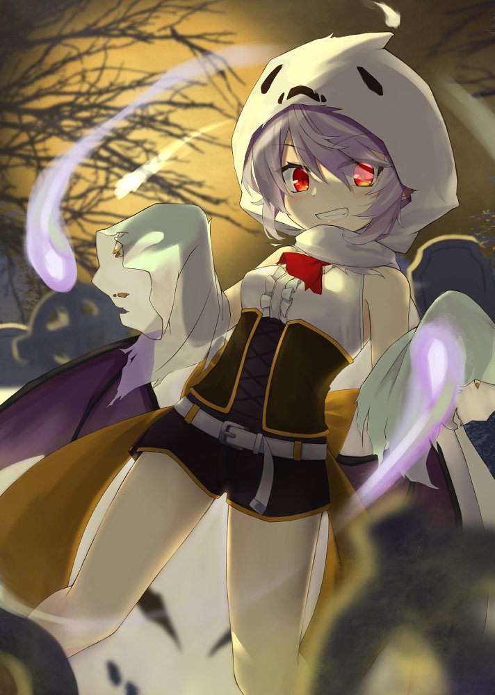 1girl akisome_hatsuka ascot bangs bare_shoulders belt black_shorts bow branch breasts brown_belt closed_mouth detached_sleeves eyebrows_visible_through_hair eyes_visible_through_hair feet_out_of_frame frills ghost hair_between_eyes halloween hands_up long_sleeves looking_to_the_side medium_breasts night night_sky pumpkin purple_hair red_ascot red_eyes remilia_scarlet scarf shirt short_hair shorts sky sleeveless sleeveless_shirt smile solo standing t-shirt teeth touhou tree white_headwear white_scarf white_shirt wide_sleeves yellow_bow