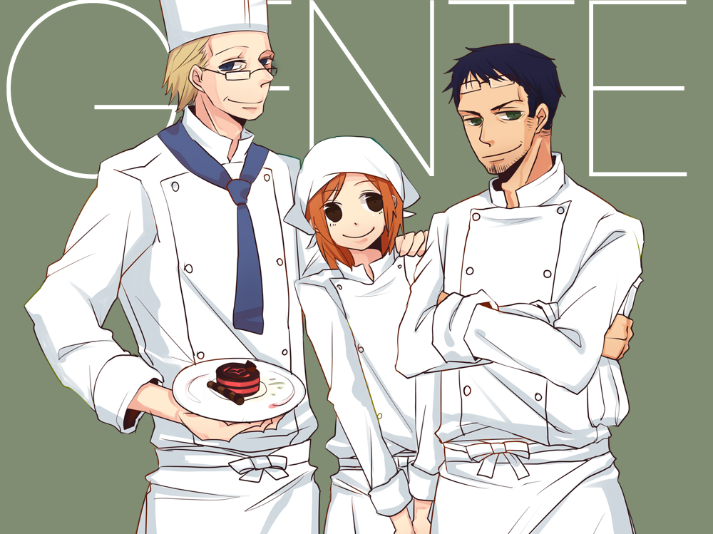 1girl 2boys black_eyes black_hair blonde_hair blue_neckwear brown_hair bubux chef_hat chef_uniform crossed_arms dessert eyewear_on_head facial_hair food frio_(ristorante_paradiso) glasses hand_on_another's_shoulder hat holding holding_plate looking_at_viewer multiple_boys necktie nicoletta_(ristorante_paradiso) plate ristorante_paradiso shirt simple_background smile smug stubble theo_(ristorante_paradiso) white_shirt