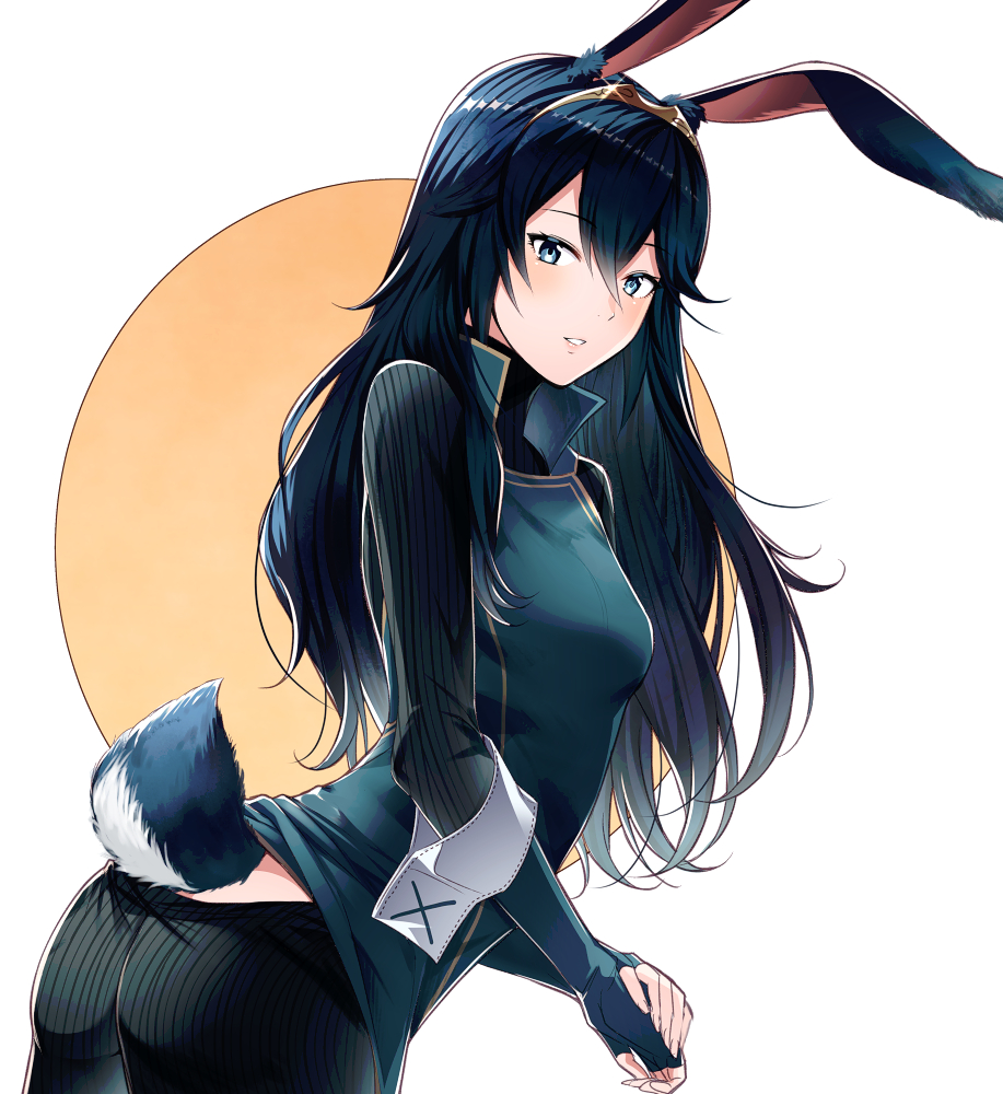1girl ameno_(a_meno0) animal_ears animalization ass bangs blue_eyes blue_hair blue_shirt breasts fire_emblem fire_emblem_awakening from_side hair_between_eyes long_hair long_sleeves looking_at_viewer lucina_(fire_emblem) parted_lips rabbit_ears rabbit_girl rabbit_tail shirt small_breasts solo straight_hair tail tiara turtleneck twisted_torso