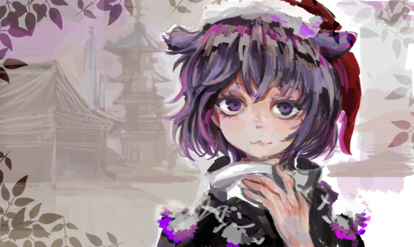 1girl :3 closed_mouth doremy_sweet erty113 hat looking_at_viewer nightcap purple_hair red_headwear short_hair solo touhou upper_body violet_eyes