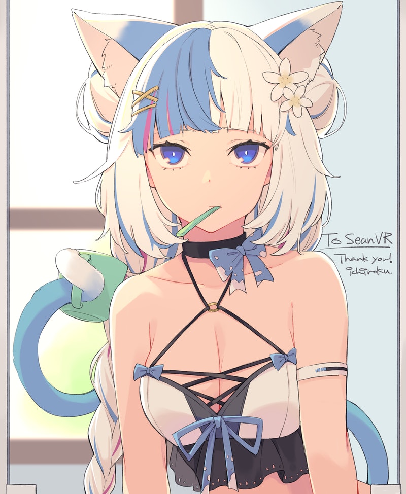 1girl animal_ear_fluff animal_ears bangs blue_bow blue_eyes blunt_bangs bow breasts commentary double_bun english_commentary eyebrows_visible_through_hair flower hair_flower hair_ornament hairclip holding holding_with_tail ichiroku_(sakumogu-029) indie_virtual_youtuber long_hair looking_at_viewer multicolored_hair pink_hair prehensile_tail seanvr streaked_hair tail too_many toothbrush_in_mouth virtual_youtuber vrchat white_hair
