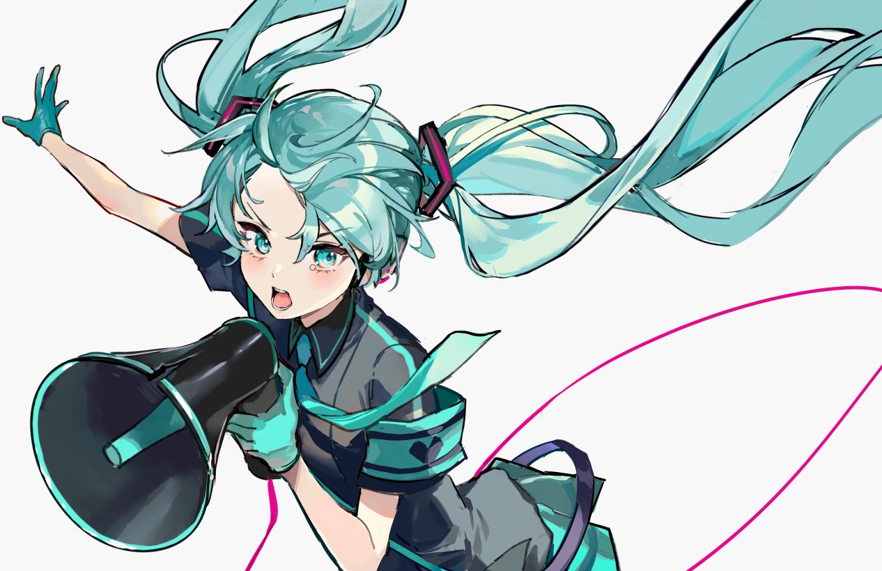 1girl armband black_shirt blue_gloves blue_neckwear blue_skirt breasts collared_shirt commentary earpiece eyebrows_visible_through_hair floating_hair gloves hair_between_eyes hatsune_miku holding holding_megaphone karasu_btk koi_wa_sensou_(vocaloid) light_blue_eyes light_blue_hair long_hair looking_at_viewer megaphone miniskirt necktie open_mouth outstretched_arm shirt short_sleeves simple_background skirt small_breasts solo twintails upper_body v-shaped_eyebrows vocaloid white_background wing_collar